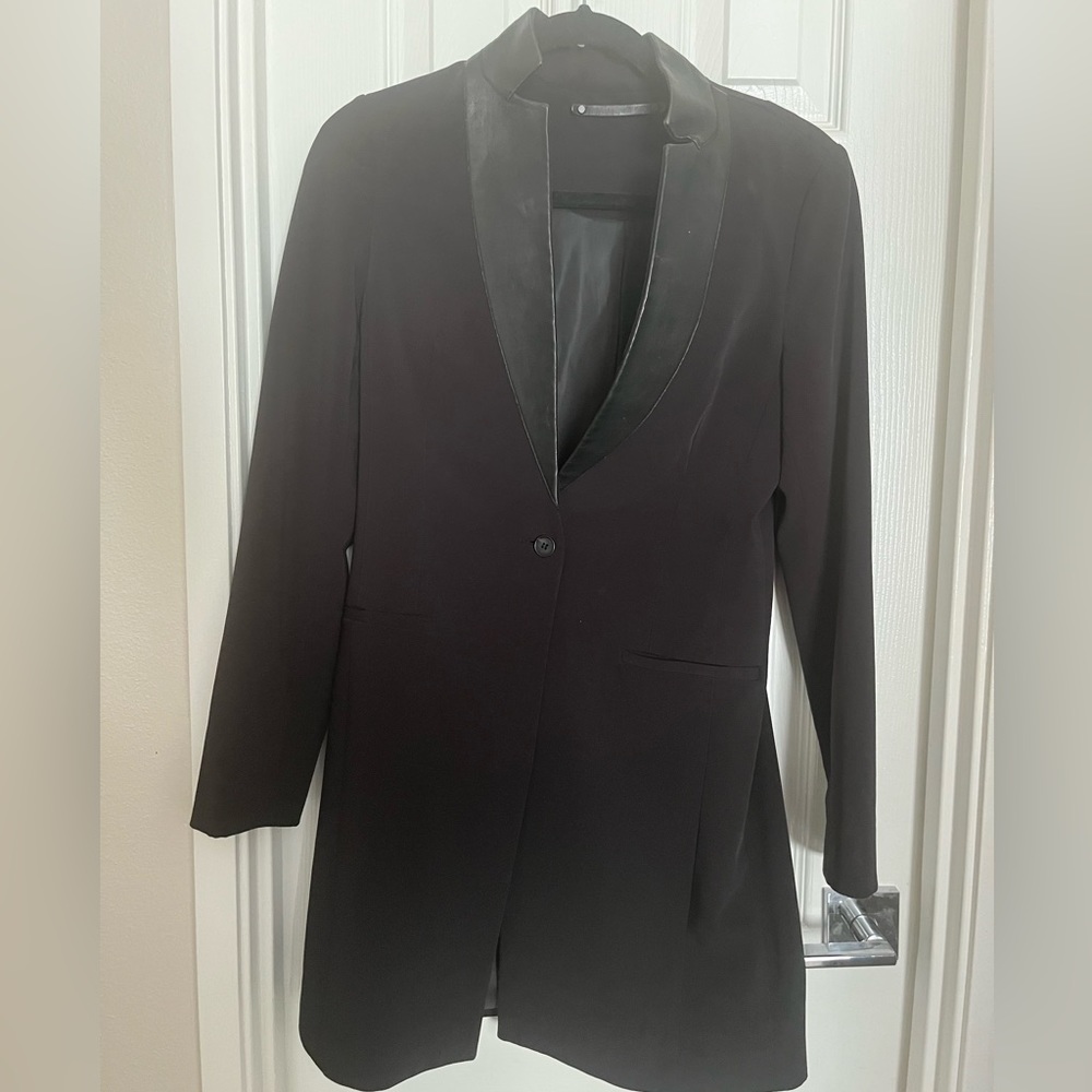 All Saints black leather trim slim long blazer size US 4